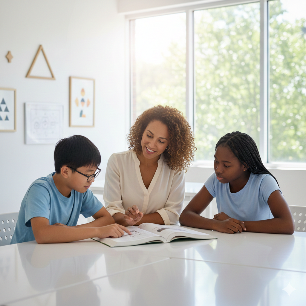Friendly tutor helping two diverse students with their studies in a bright modern learning centre